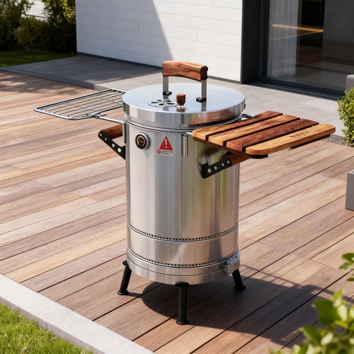 Silver stainless steel portable smoker barrel with wooden accents on a wooden deck.