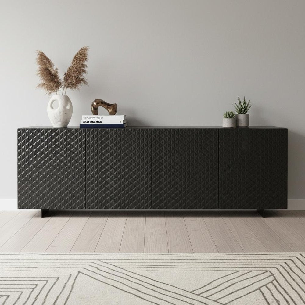94" Dark Gray Wood Carved Geometric Sideboard With Four Doors on a white background