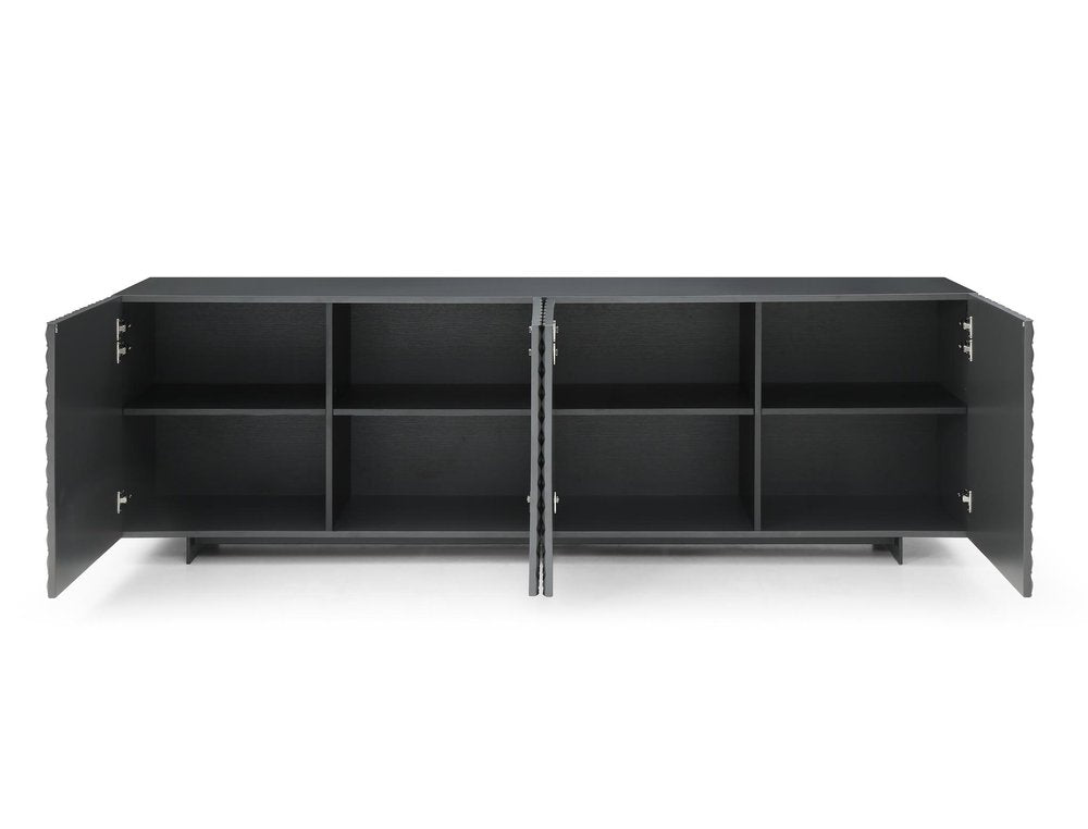 94" Dark Gray Wood Carved Geometric Sideboard With Four Doors
