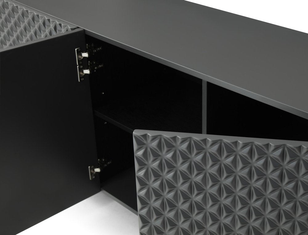94" Dark Gray Wood Carved Geometric Sideboard With Four Doors close-up detail