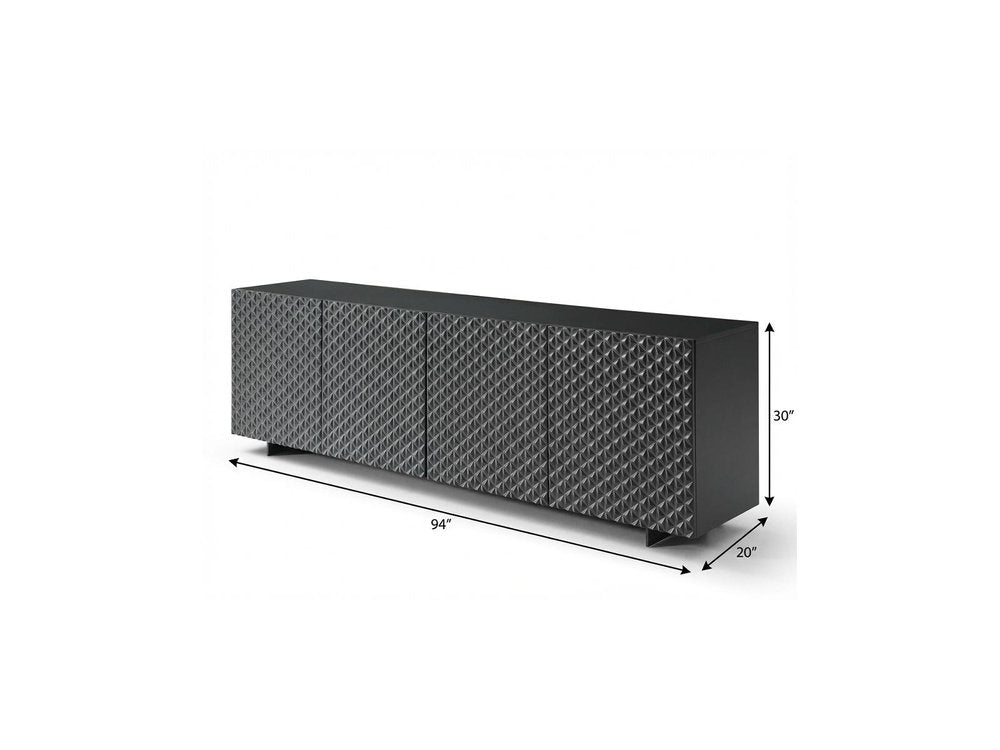 94" Dark Gray Wood Carved Geometric Sideboard With Four Doors on a white background