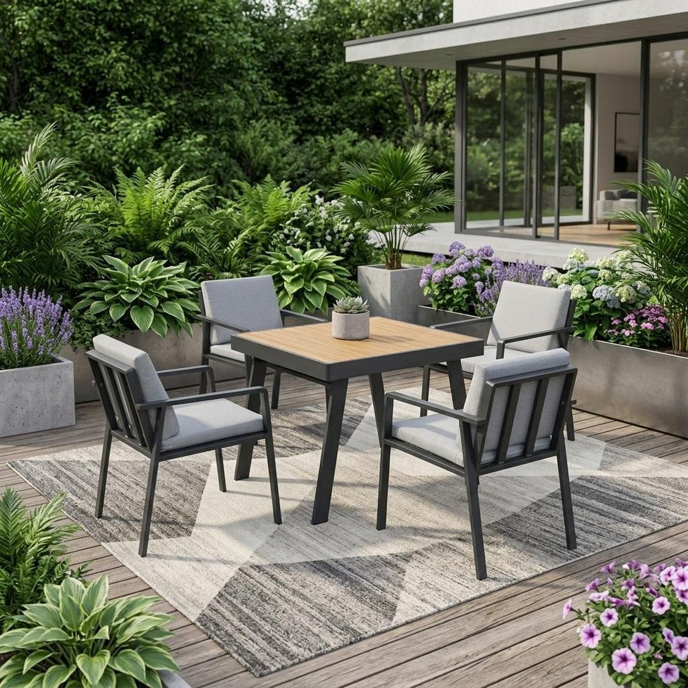 Five Piece Brown Square Metal Dining Set with Four Chairs in a home interior