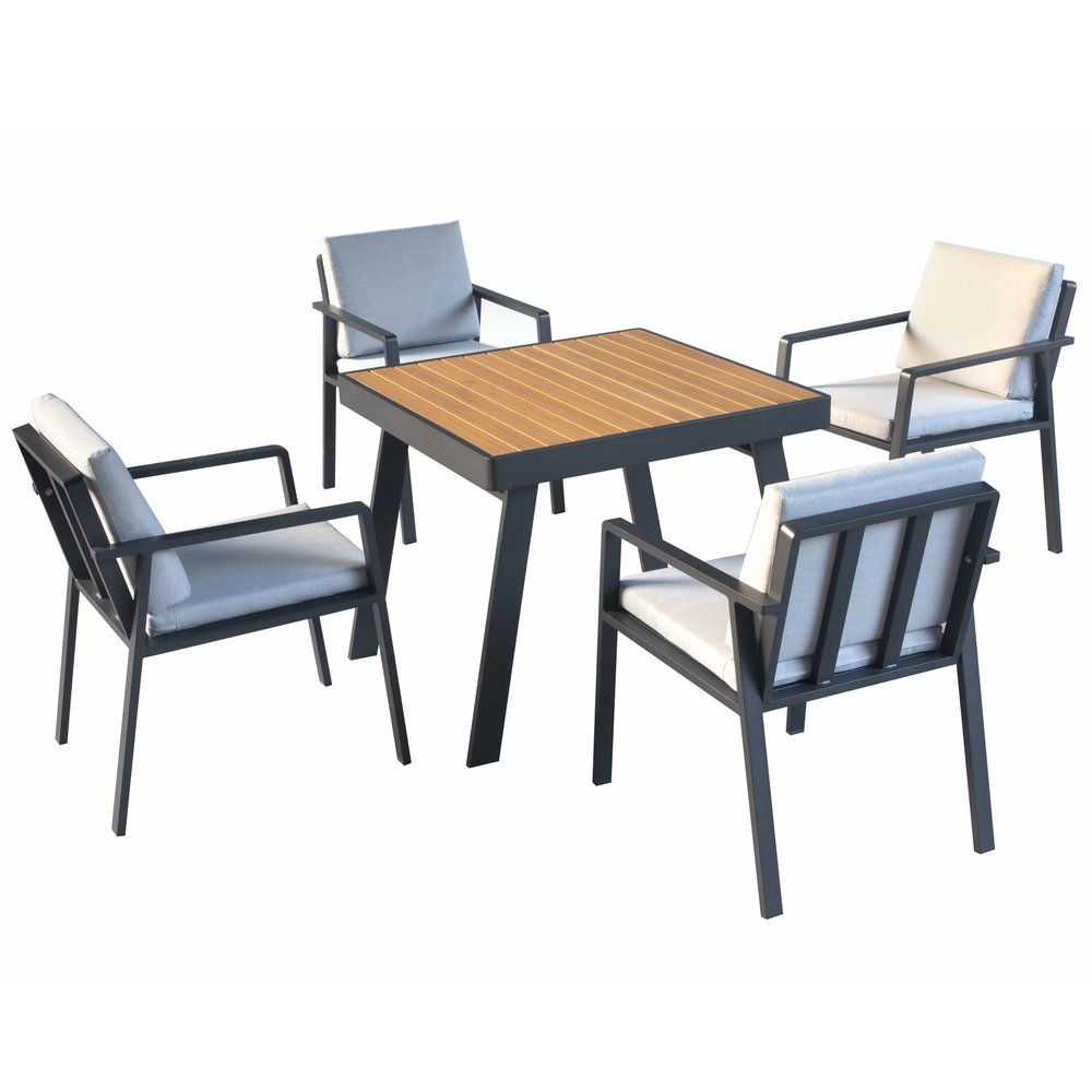 Five Piece Brown Square Metal Dining Set with Four Chairs on a white background