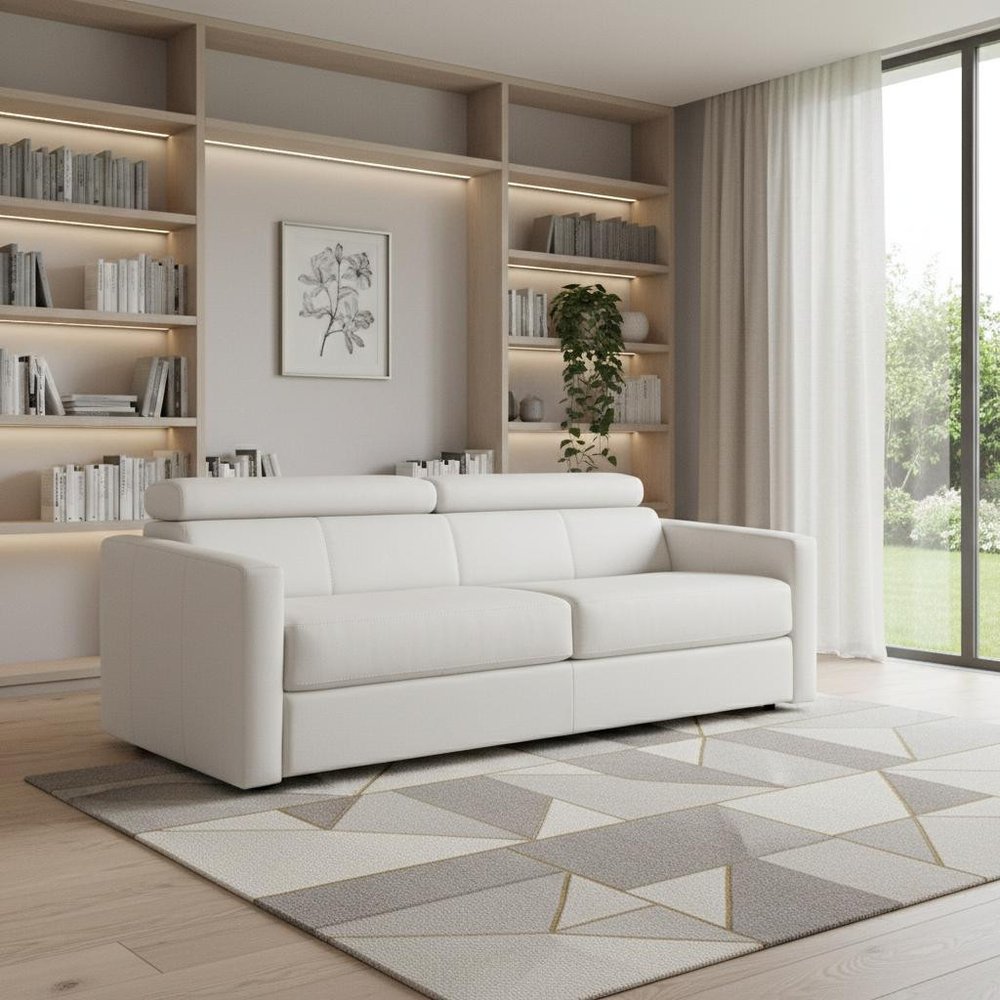 81" White Leather Sleeper Sofa in a home interior