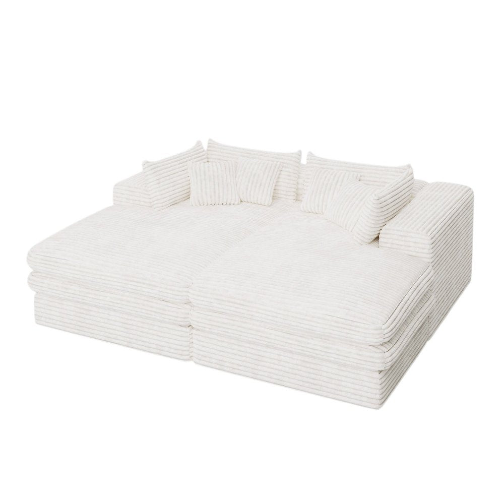 Set of Two 79" White Corduroy Chaise Lounge Chairs With Toss Pillows
