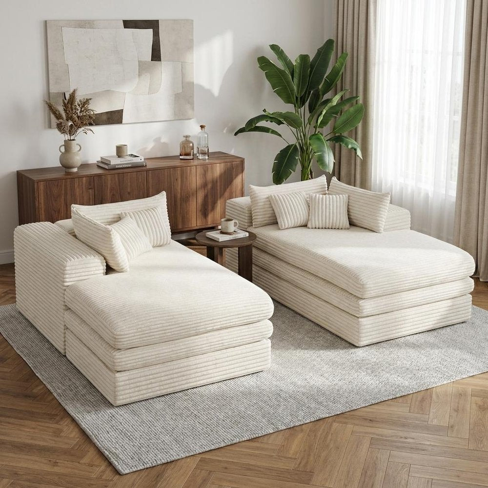 Set of Two 79" White Corduroy Chaise Lounge Chairs With Toss Pillows