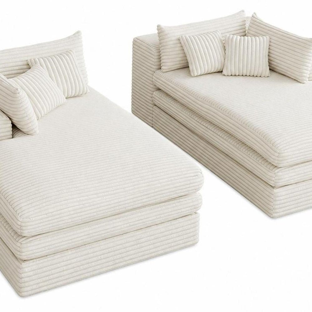 Set of Two 79" White Corduroy Chaise Lounge Chairs With Toss Pillows on a white background