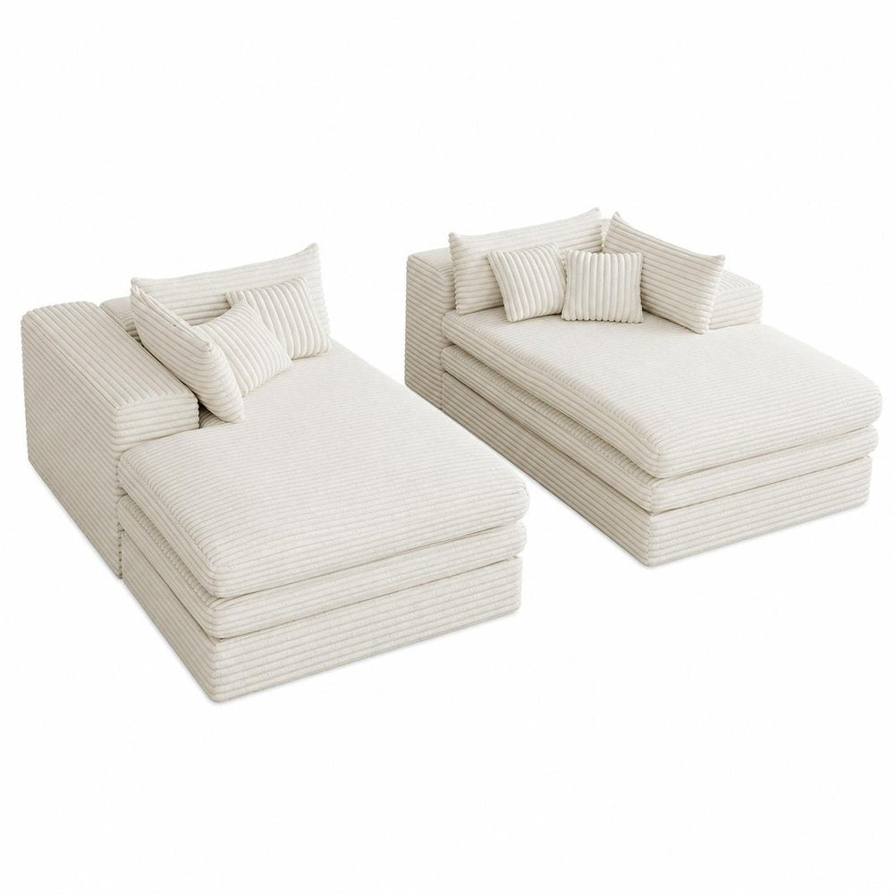 Set of Two 79" White Corduroy Chaise Lounge Chairs With Toss Pillows on a white background