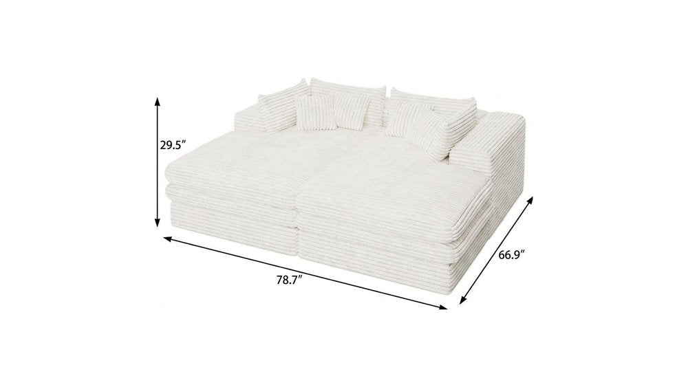 Set of Two 79" White Corduroy Chaise Lounge Chairs With Toss Pillows