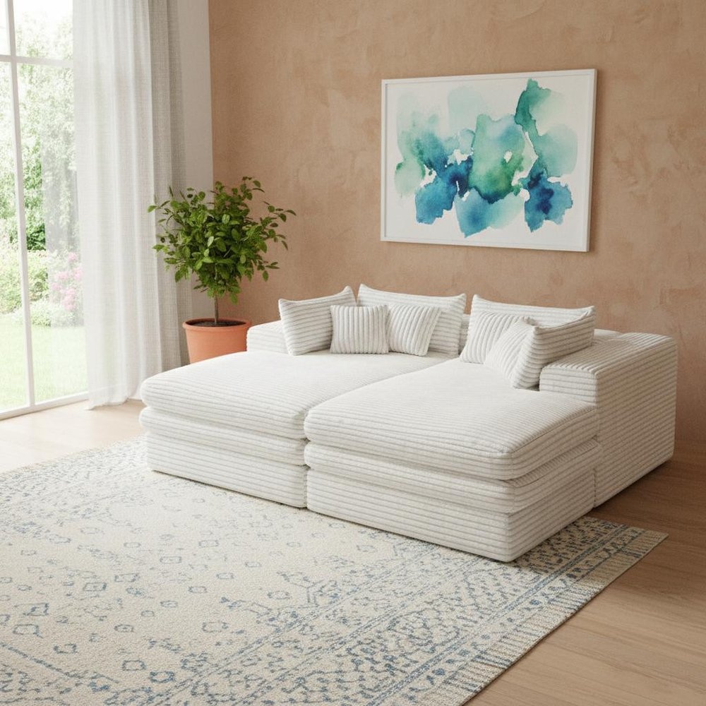 Set of Two 79" White Corduroy Chaise Lounge Chairs With Toss Pillows
