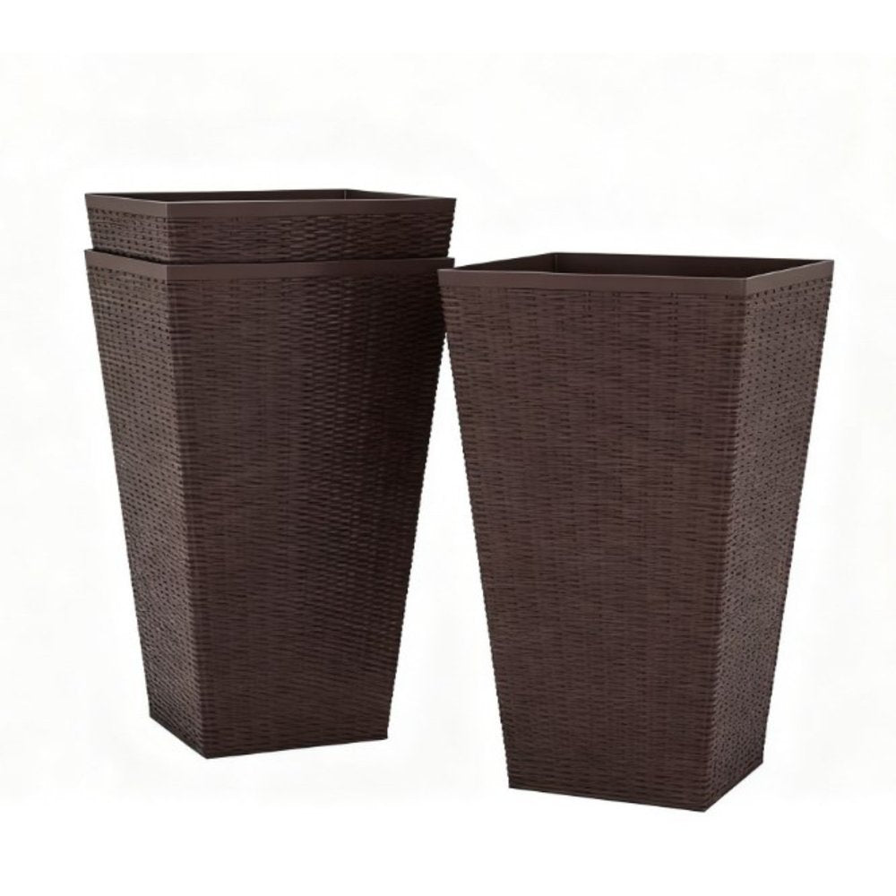 Set of three brown rectangular recycled plastic planters with a woven texture on a white background.