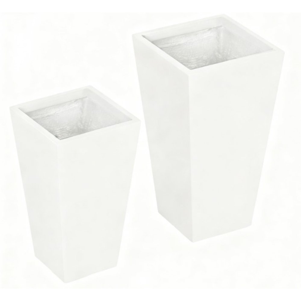 Two white rectangular magnesium oxide planters on a white background.
