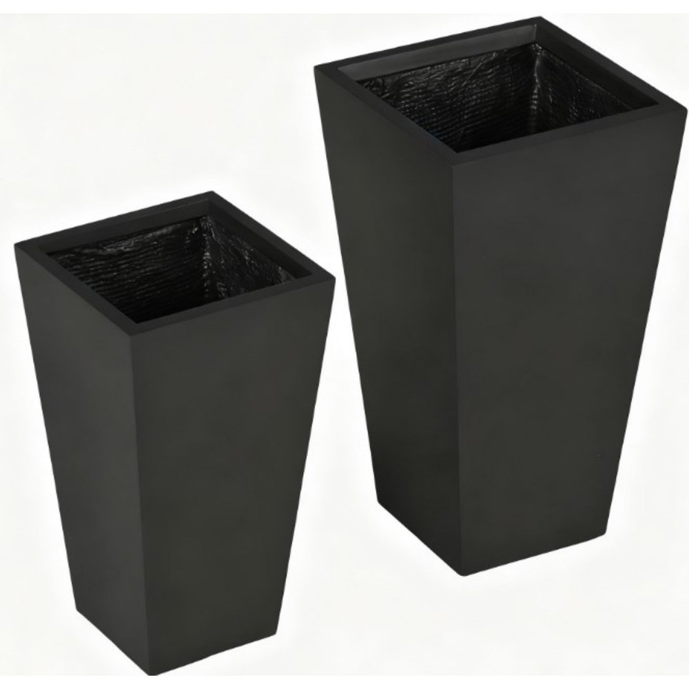 Two black rectangular magnesium oxide planter boxes on a white background.