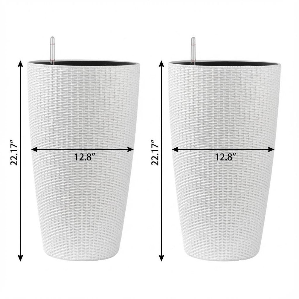 Set of Two White Recycled Plastic Round Self Watering Planter Box on a white background