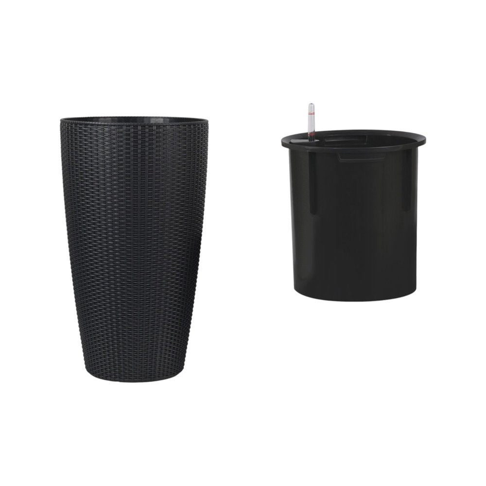 Black recycled plastic self-watering planter box with a woven texture and a separate inner pot with a water level indicator.