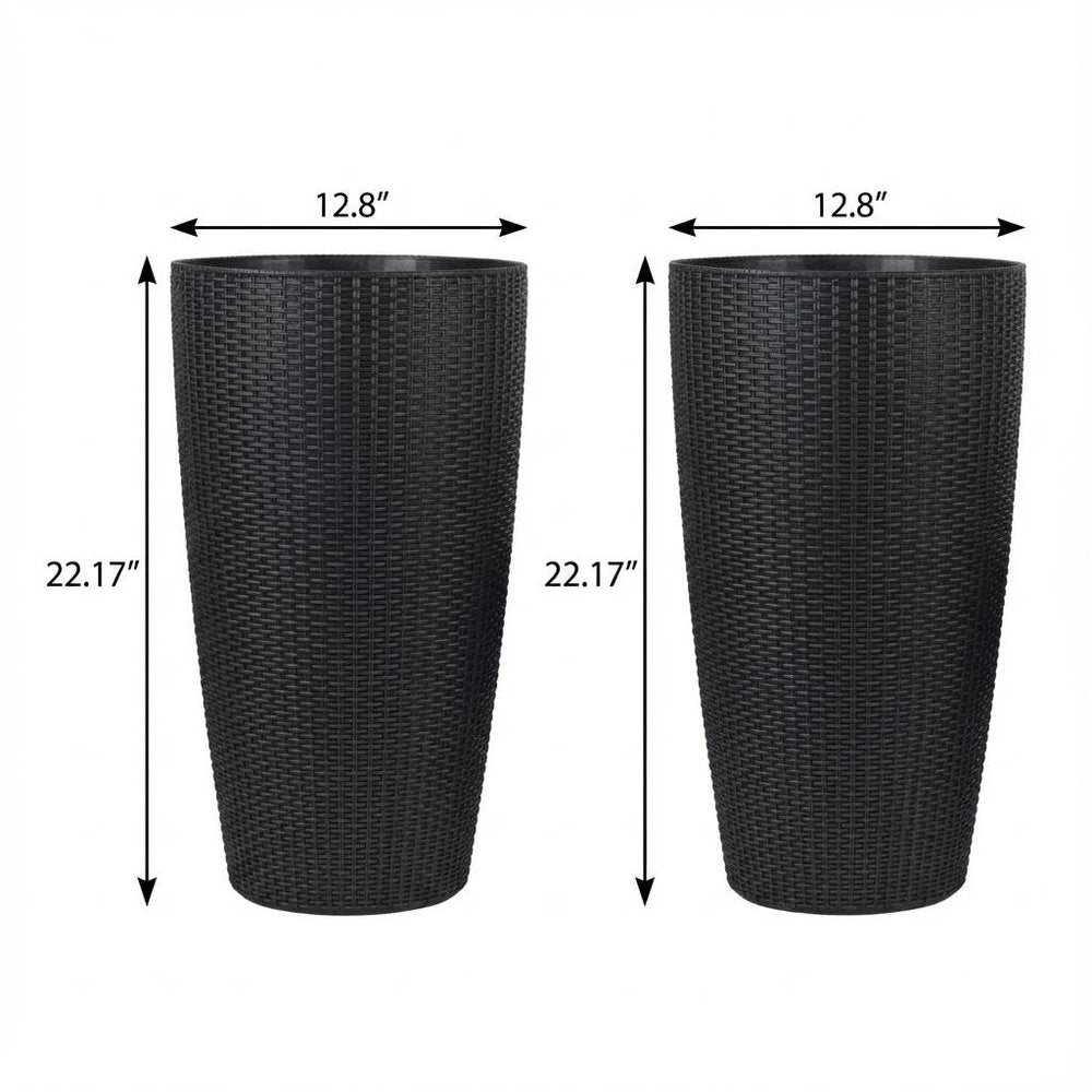 Set of Two Black Recycled Plastic Round Self Watering Planter Box on a white background