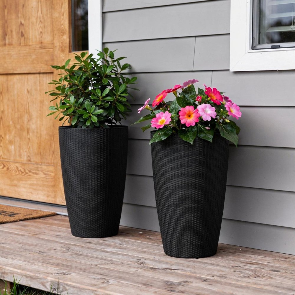 Set of Two Black Recycled Plastic Round Self Watering Planter Box