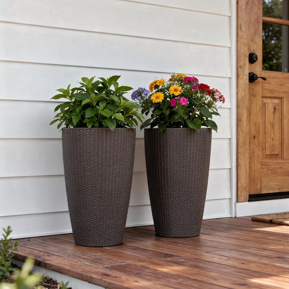 Set of Two Brown Recycled Plastic Round Self Watering Planter Box in a home interior