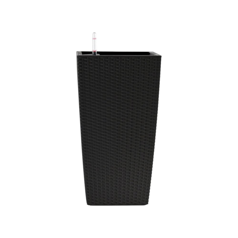 Tall black woven-texture self-watering planter with a water level indicator on a white background.
