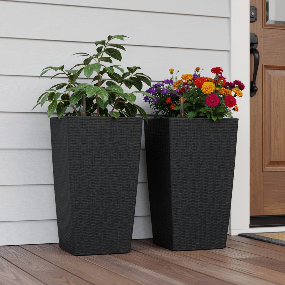 Set of Two Black Recycled Plastic Round Self Watering Planter Box