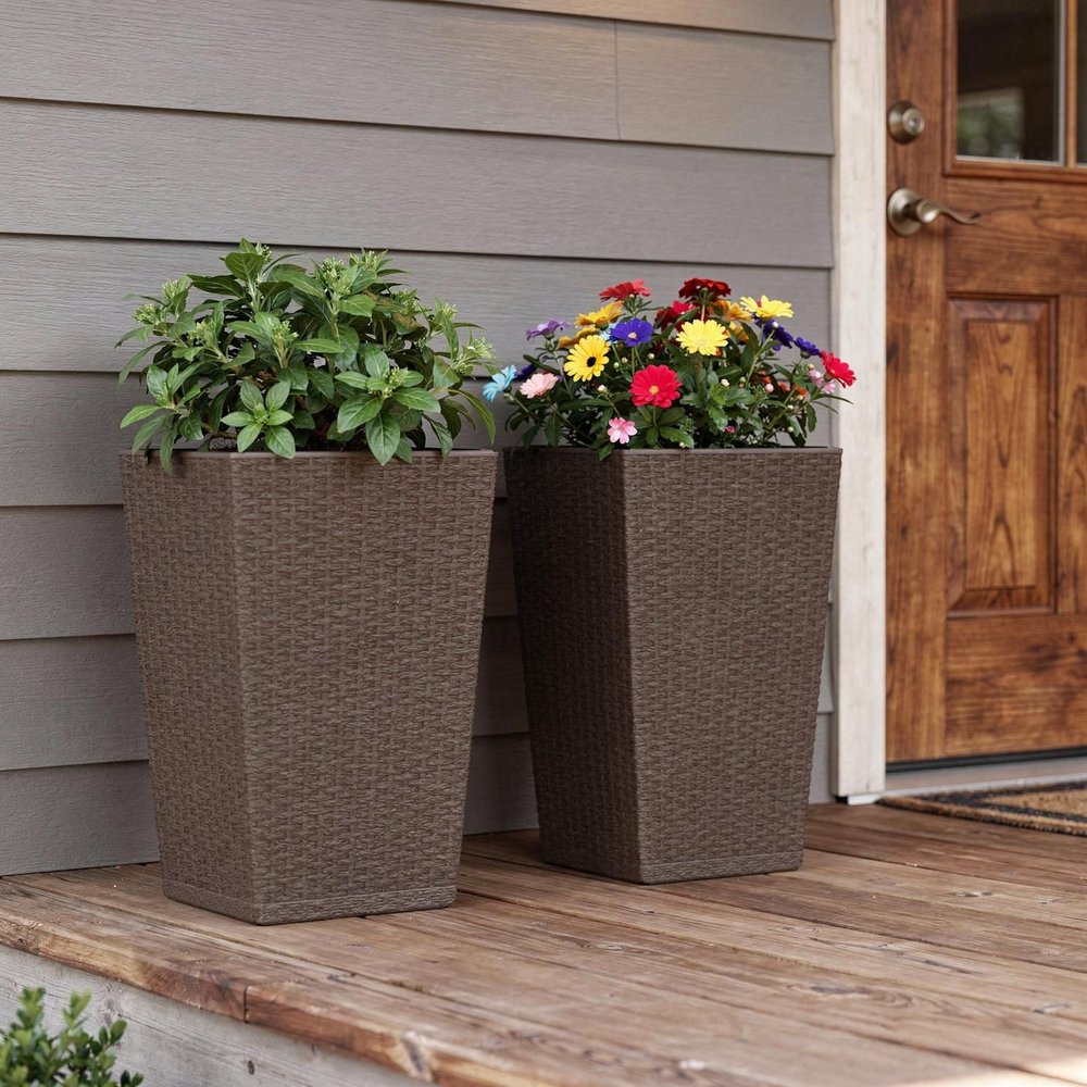Set of Two Brown Recycled Plastic Round Self Watering Planter Box