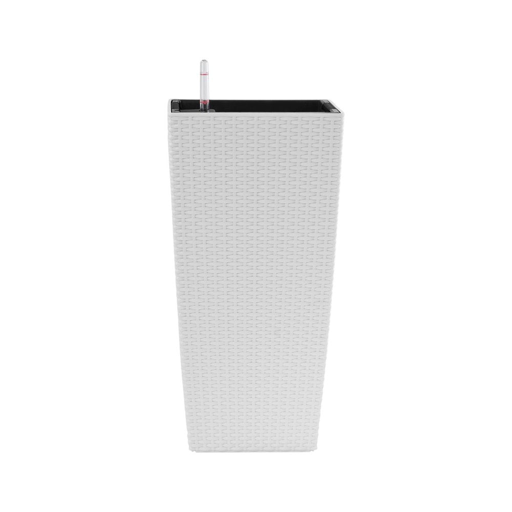 White rectangular self-watering planter box with a woven texture and water level indicator, isolated on a white background.