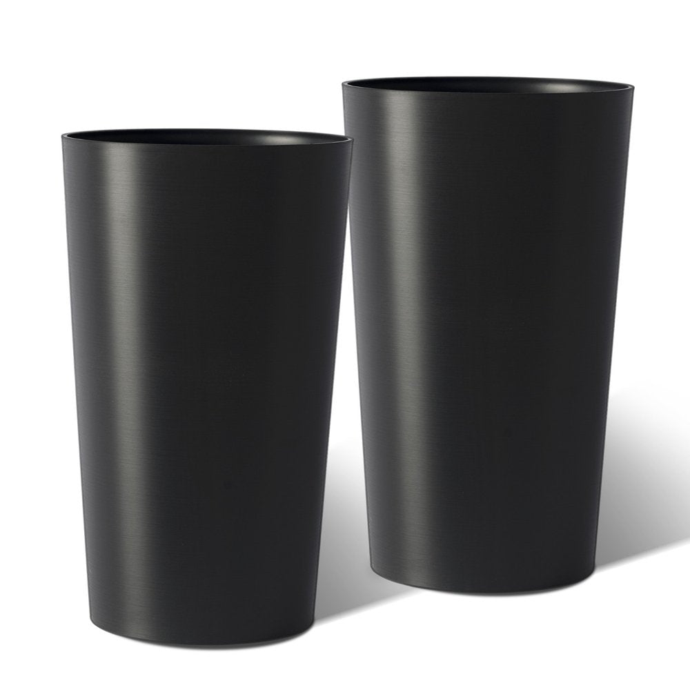 Two black heavy duty plastic cylindrical planter pots on a white background.