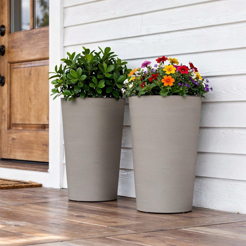 Set of Two Brown Heavy Duty Plastic Cylindrical Planter Pots close-up detail