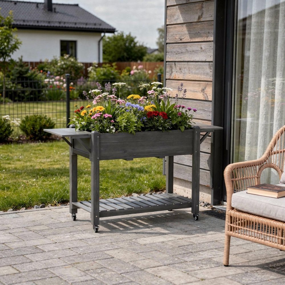 34" X 57" Light Gray Wood Rectangular Planter Box