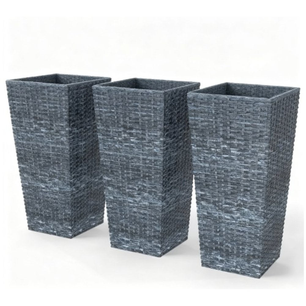 Three tall, rectangular planter boxes in a light gray woven texture on a white background.