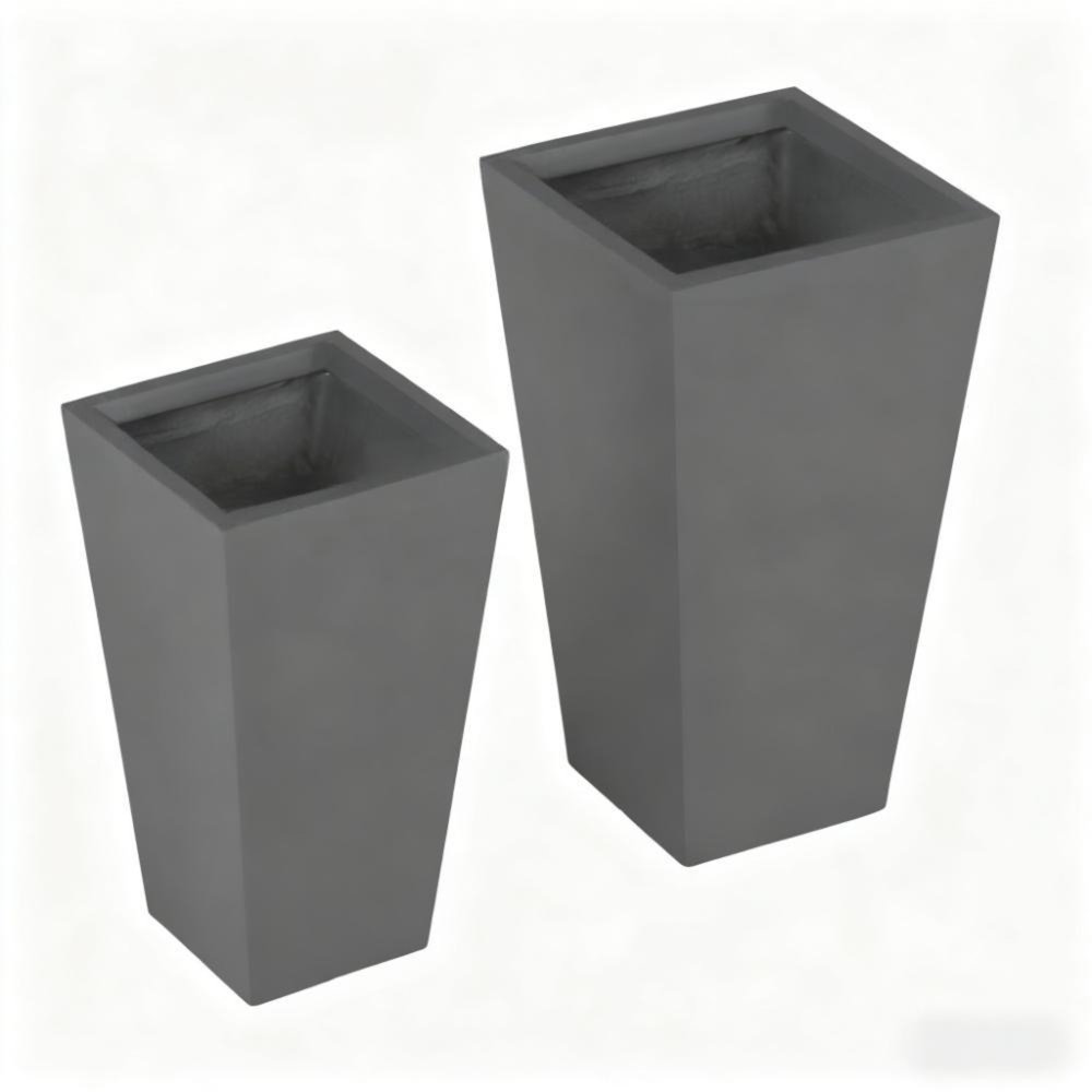 Two light gray rectangular planters made of magnesium oxide on a white background.