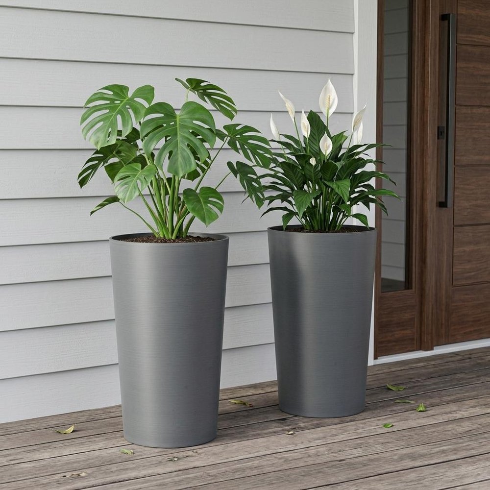 Set of Two Light Gray Heavy Duty Plastic Cylindrical Planter Pots in a home interior