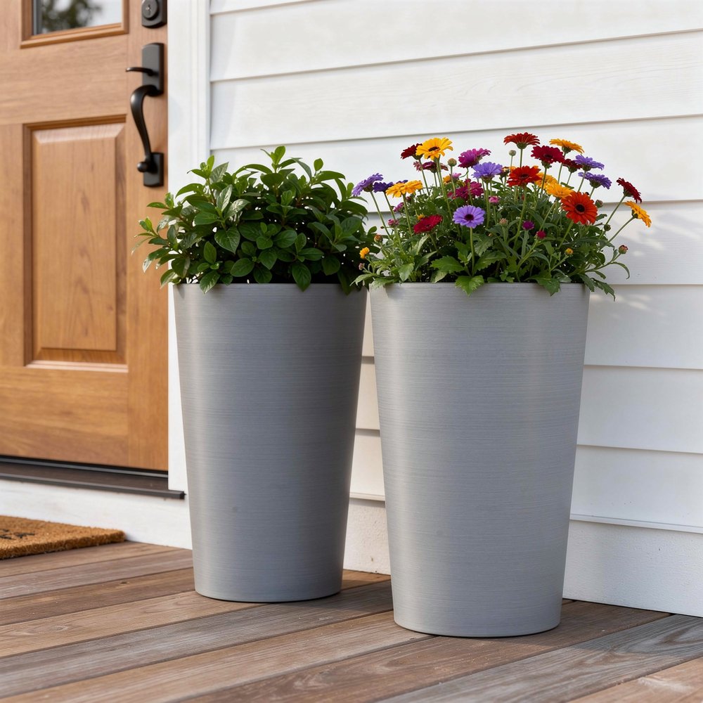 Set of Two Light Gray Heavy Duty Plastic Cylindrical Planter Pots