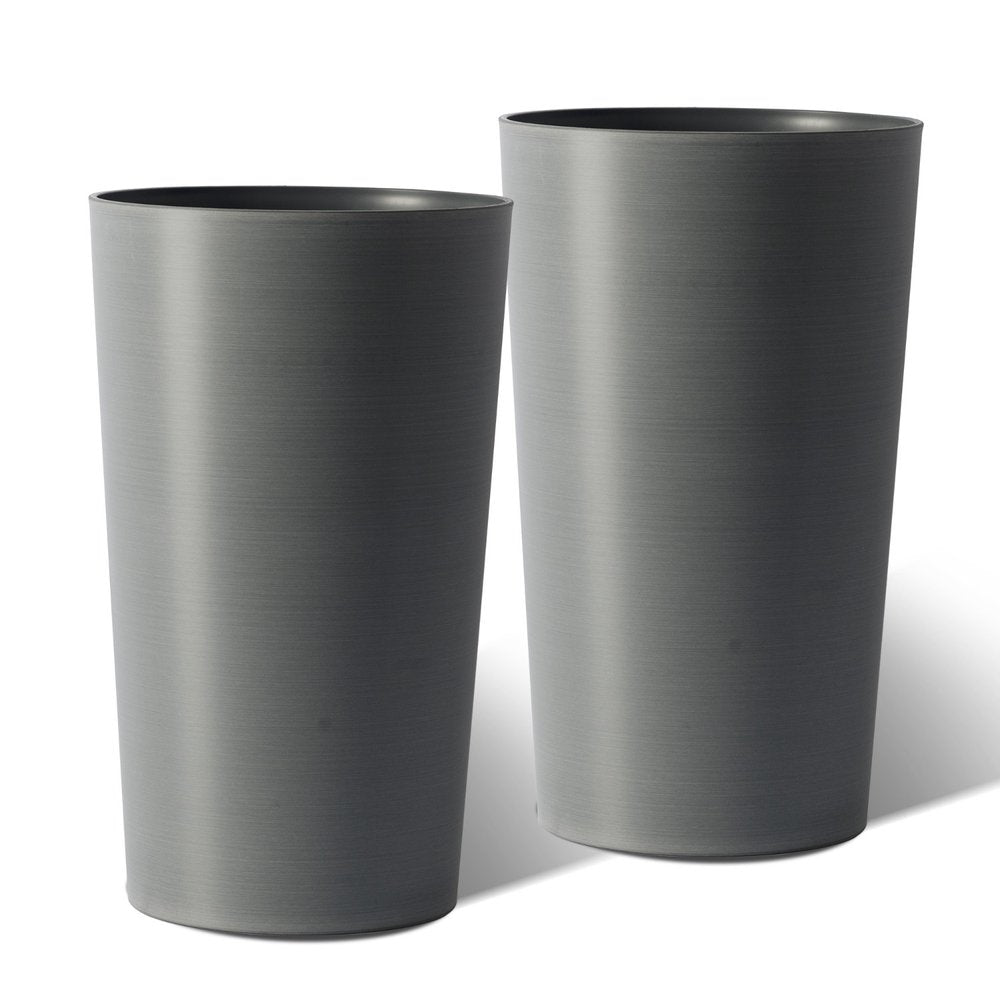 Two light gray heavy duty plastic cylindrical planter pots on a white background.