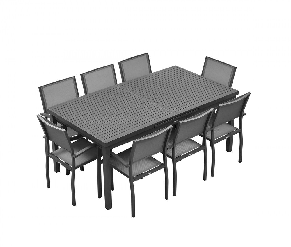 Nine Piece Black Metal Dining Set with Eight Chairs on a white background