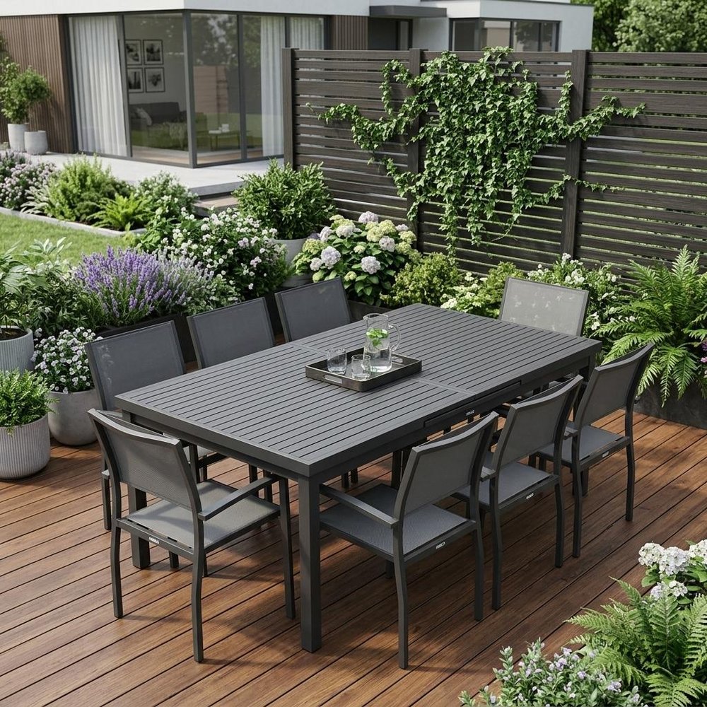 Nine Piece Black Metal Dining Set with Eight Chairs in a home interior