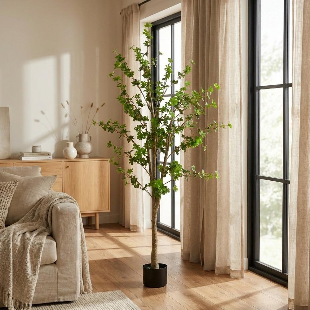 76" Green Artificial In Cylindrical Black Pot in a home interior