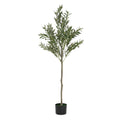 66" Green Artificial Olive Tree In Cylindrical Black Pot. Artificial plants and tree isolated on a plain white background, finished in green plastic.