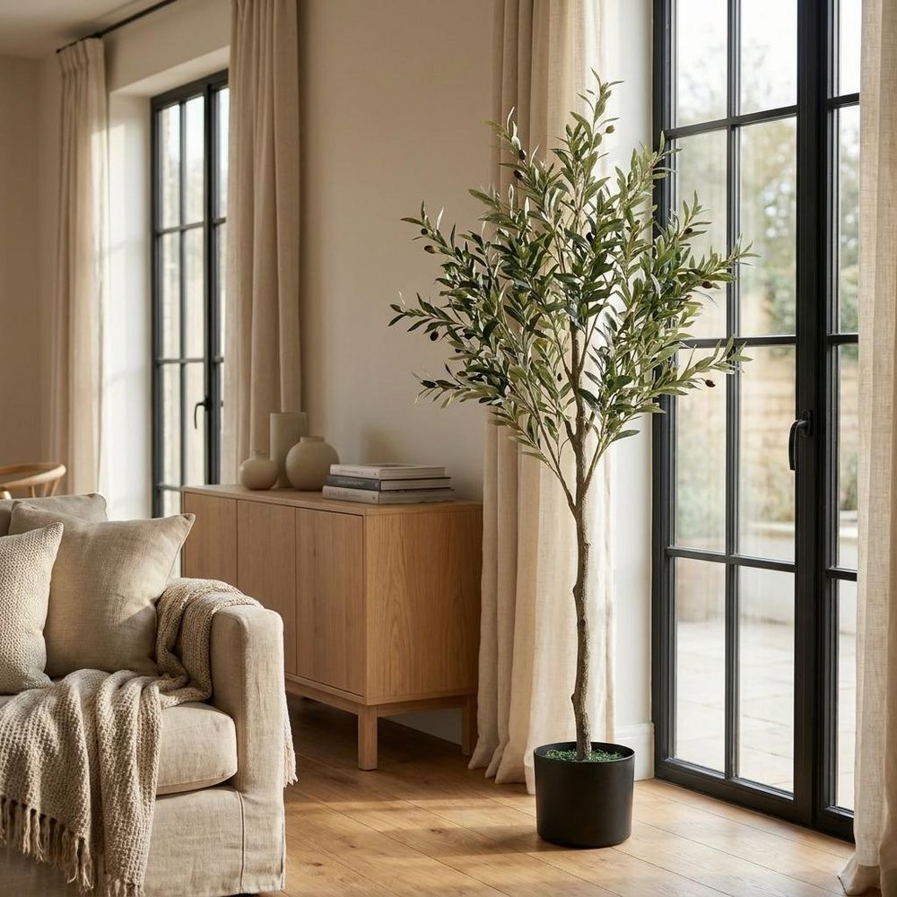 66" Green Artificial Olive Tree In Cylindrical Black Pot styled in a furnished interior with a tan wall on a wood floor.