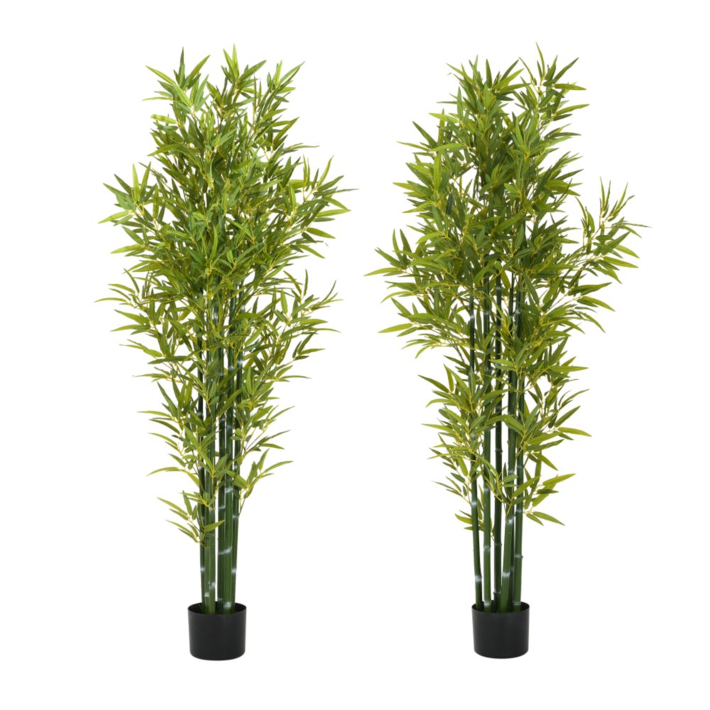Two tall artificial green bamboo trees in black cylindrical pots against a white background.