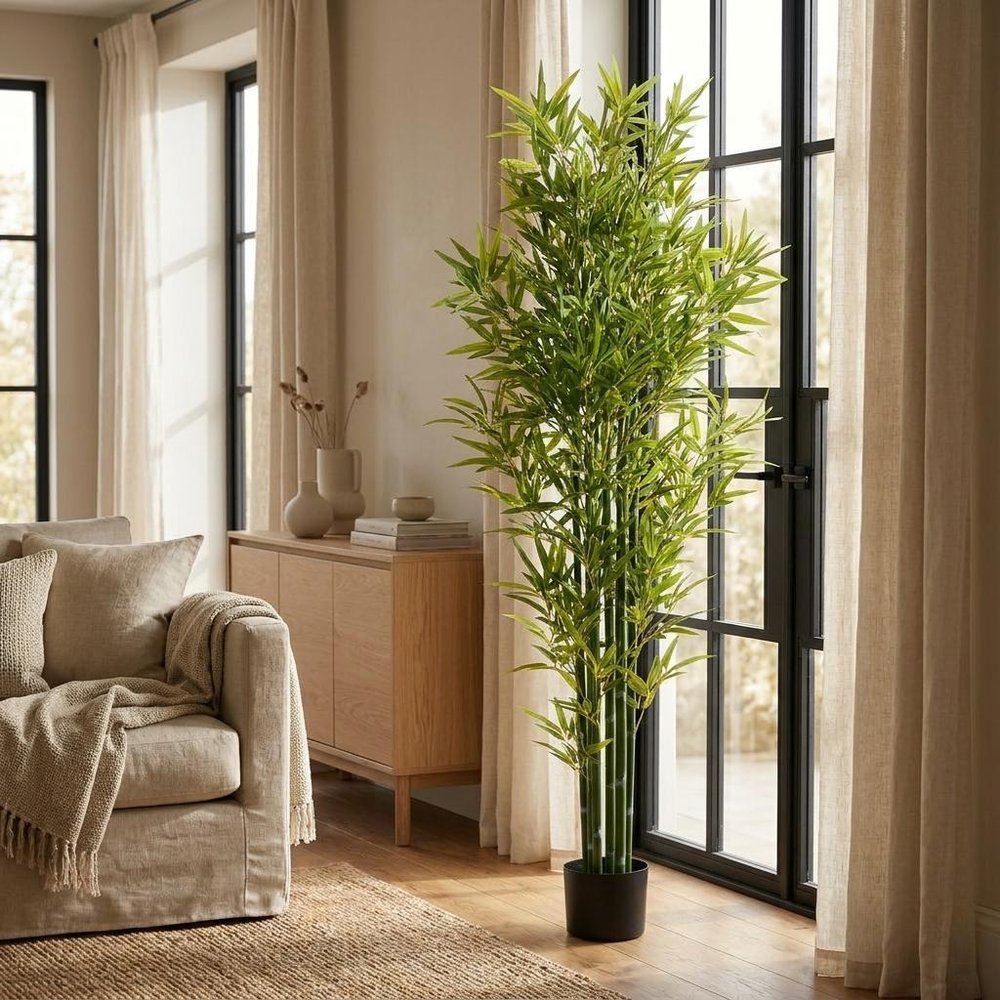 Set of Two 72" Green Artificial Bamboo Tree In Cylindrical Black Pot