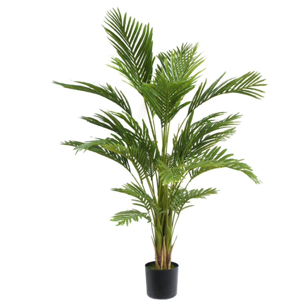 A tall, green artificial palm tree with multiple fronds in a black cylindrical pot against a white background.