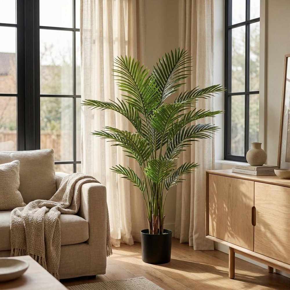 71" Green Artificial Palm Tree In Cylindrical Black Pot in a home interior