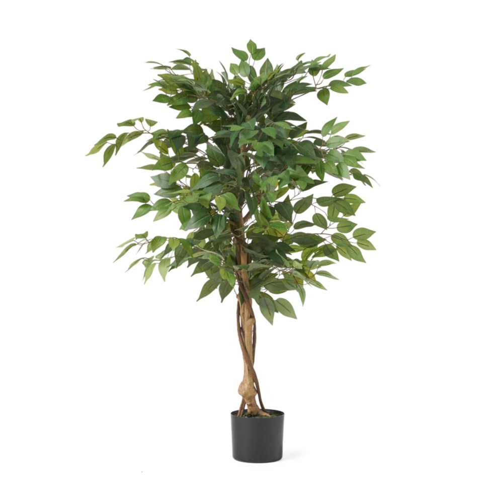 A 47-inch artificial ficus tree with green leaves in a cylindrical black pot against a white background.