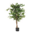 47" Green Artificial Ficus Tree In Cylindrical Black Pot. Artificial plants and tree isolated on a plain white background, finished in green plastic.