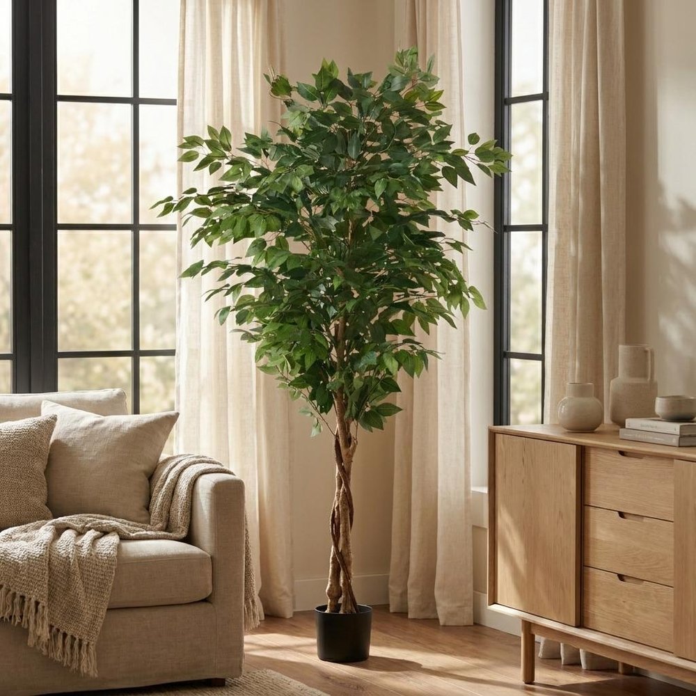 71" Green Artificial Ficus Tree In Cylindrical Black Pot