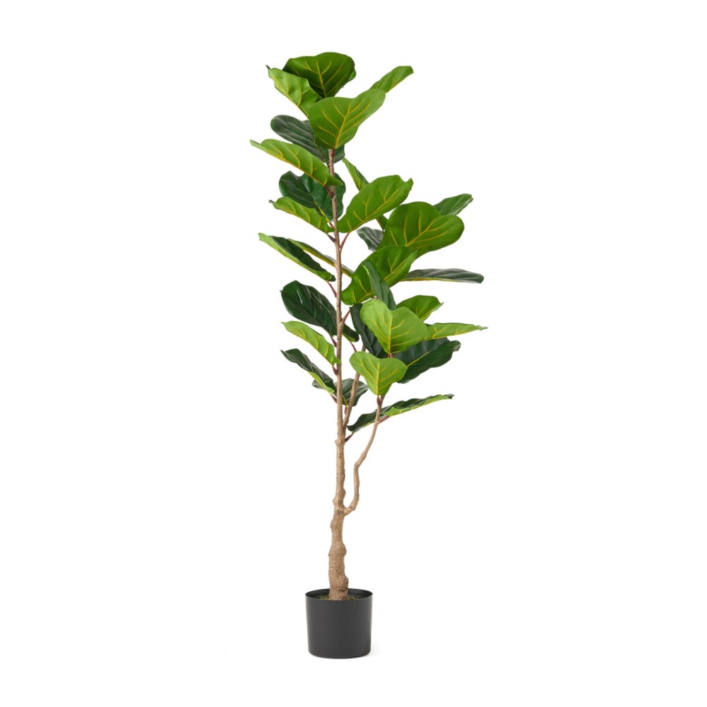 Artificial 59-inch green fiddle leaf tree in a cylindrical black pot against a white background.