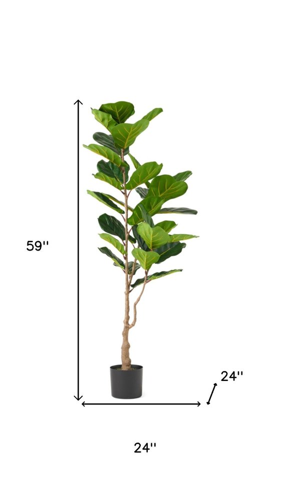 59" Green Artificial Fiddle Leaf Tree In Cylindrical Black Pot