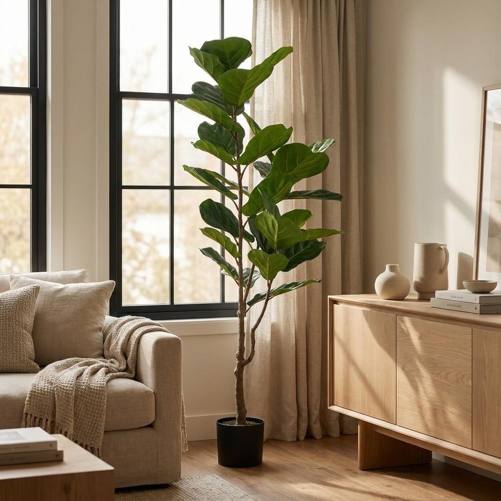 59" Green Artificial Fiddle Leaf Tree In Cylindrical Black Pot