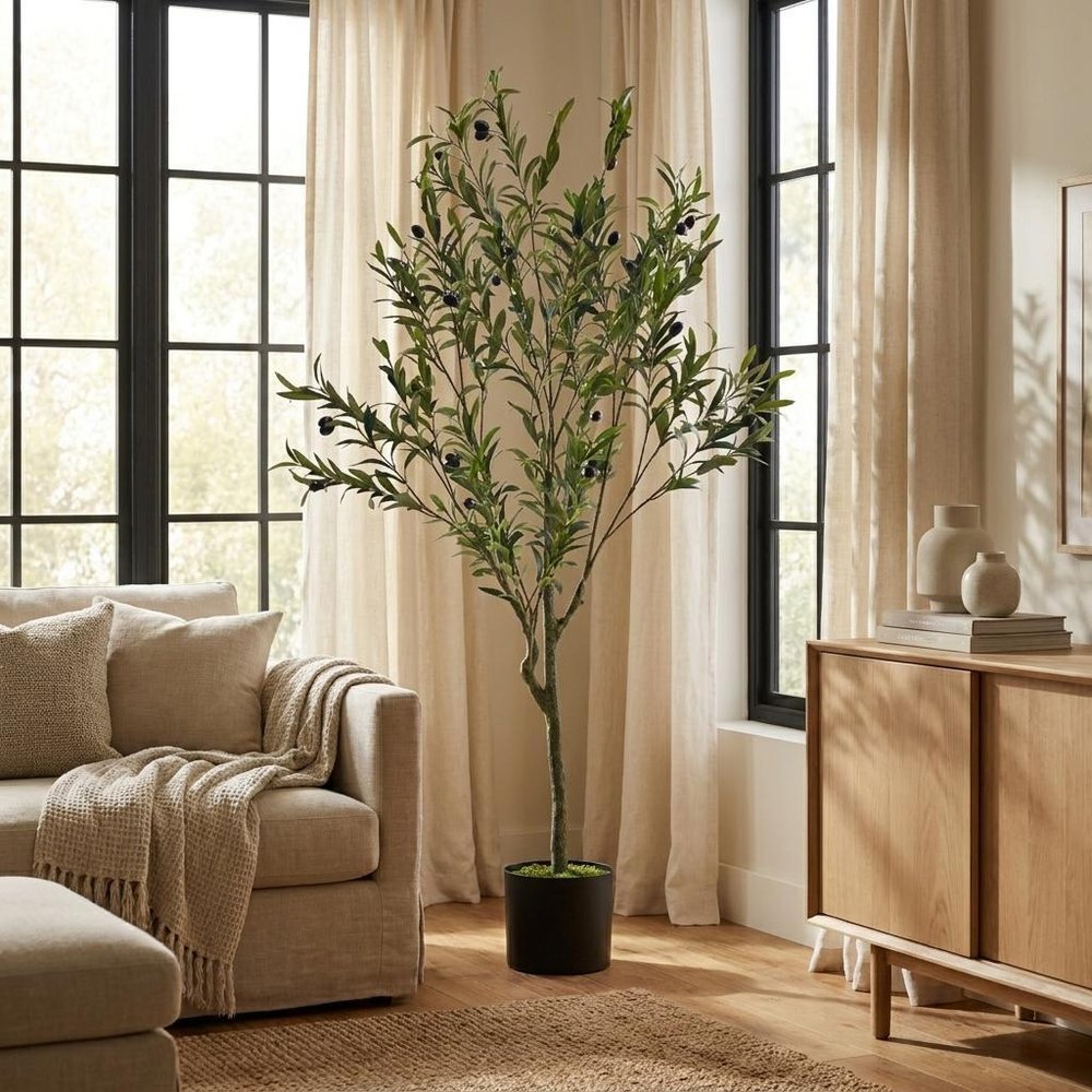 59" Green Artificial Olive Tree In Cylindrical Black Pot. Artificial plants and tree in black plastic.